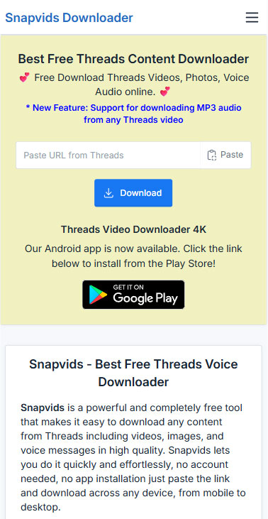 Opening Snapvids website on Android browser