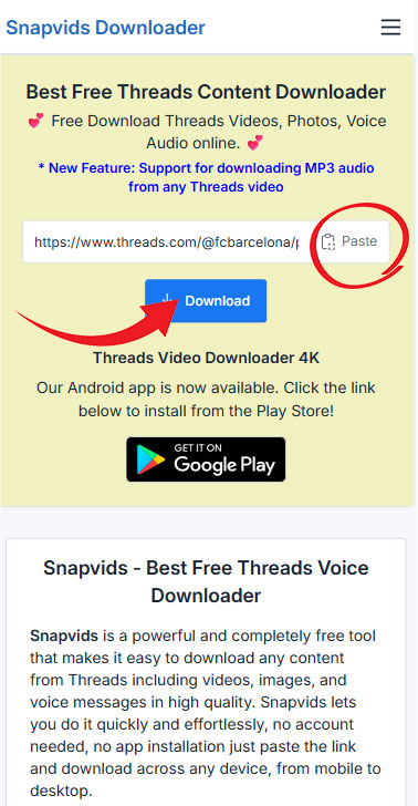 Pasting link and downloading on Android